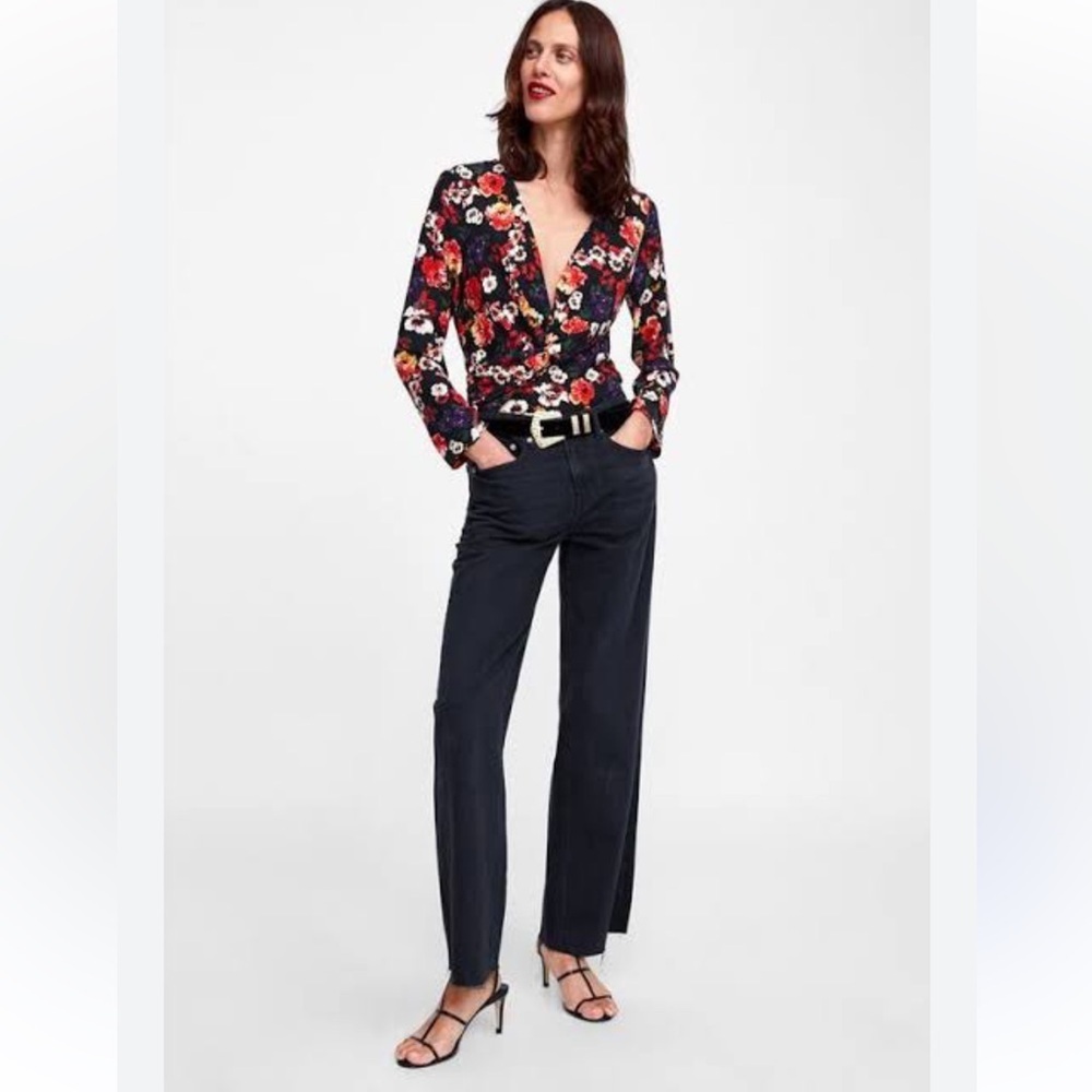 Zara floral faux wrap knit front long sleeve bodysuit Size S New With Tag